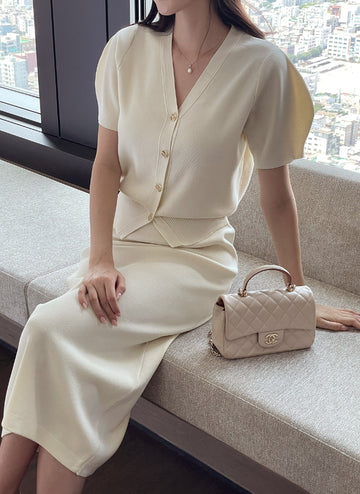 Elnia V-neck Puff Knit Cardigan H-Line Skirt Set